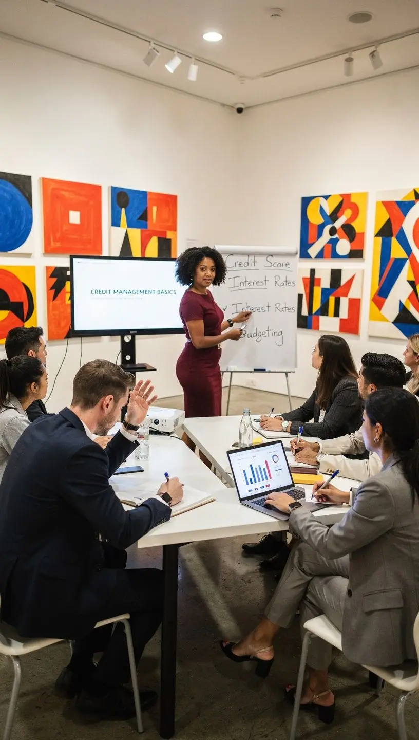 Szakértő előadó prezentációt tart személyes pénzügyi alapokról egy konferencia teremben.