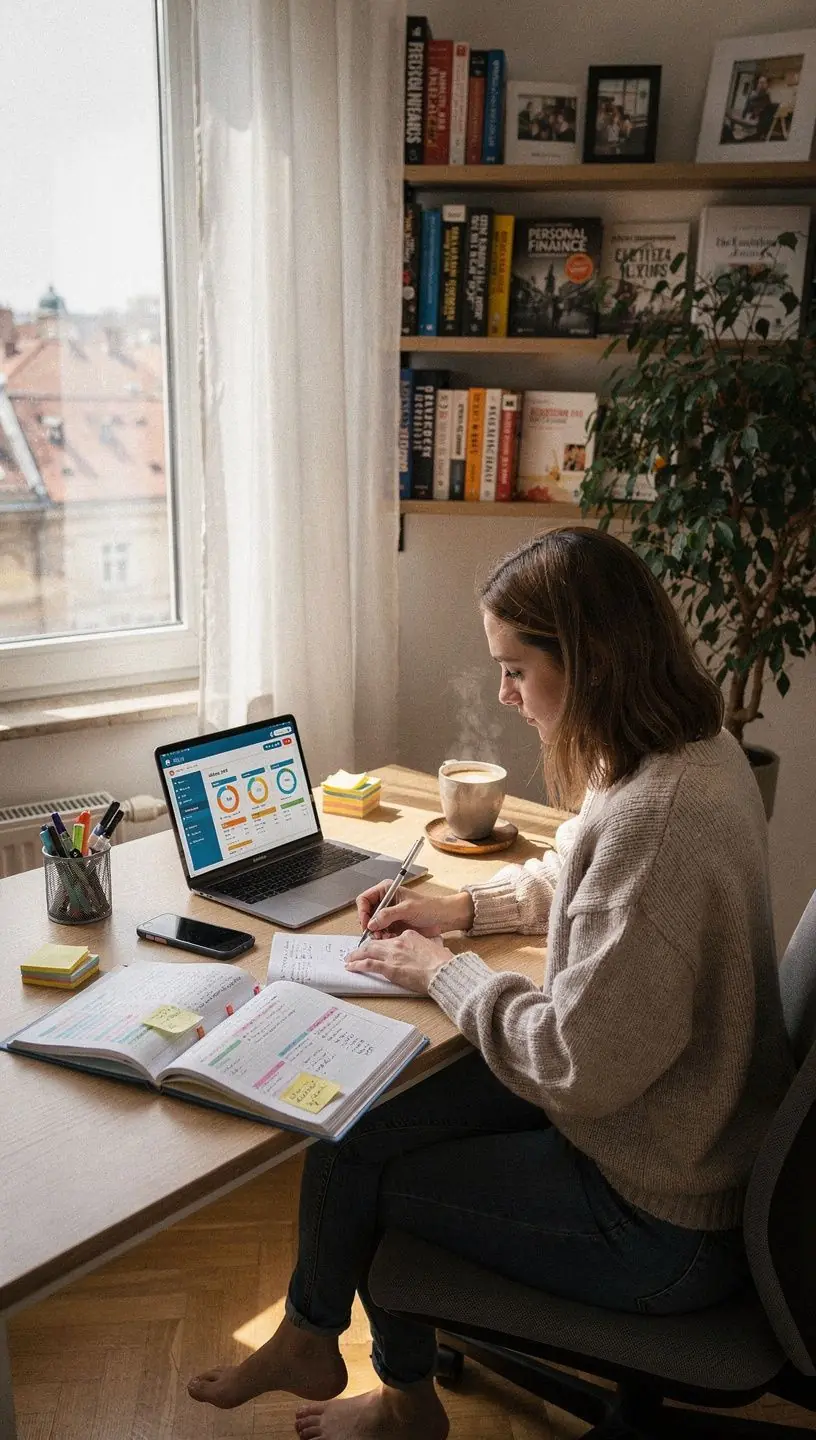 Digitális eszközök, mint okostelefon és táblagép, amelyek pénzügyi alkalmazásokat mutatnak.