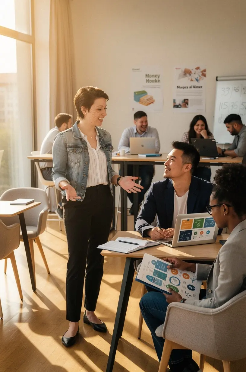 Motivált fiatal felnőtt dolgozik otthon, miközben pénzügyi tervezést végez papírokkal és laptop segítségével.