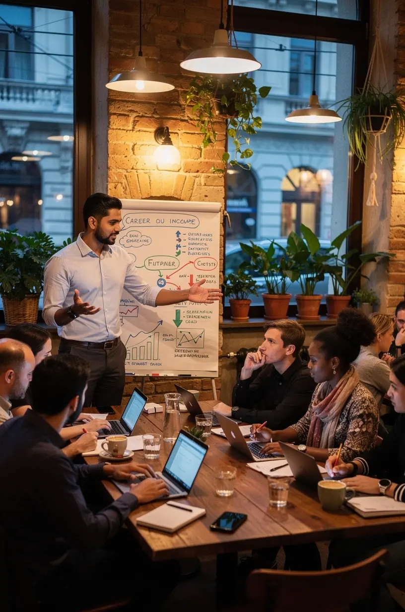 Könyvespolc tele szakmai könyvekkel a pénzügyi tervezés és karrierfejlesztés témakörében.